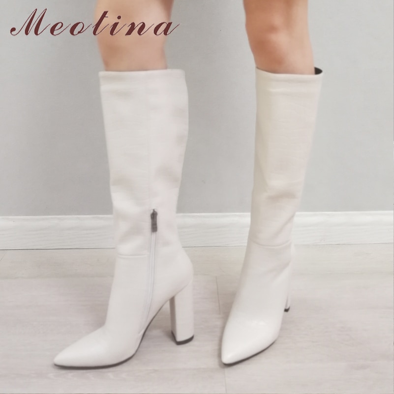 Meotina Knie-Hoge Laarzen Vrouwen Schoenen Wees Teen Dikke Hakken Lange Laarzen Rits Super Hoge Hak Mode Dame Laarzen winter Beige 43