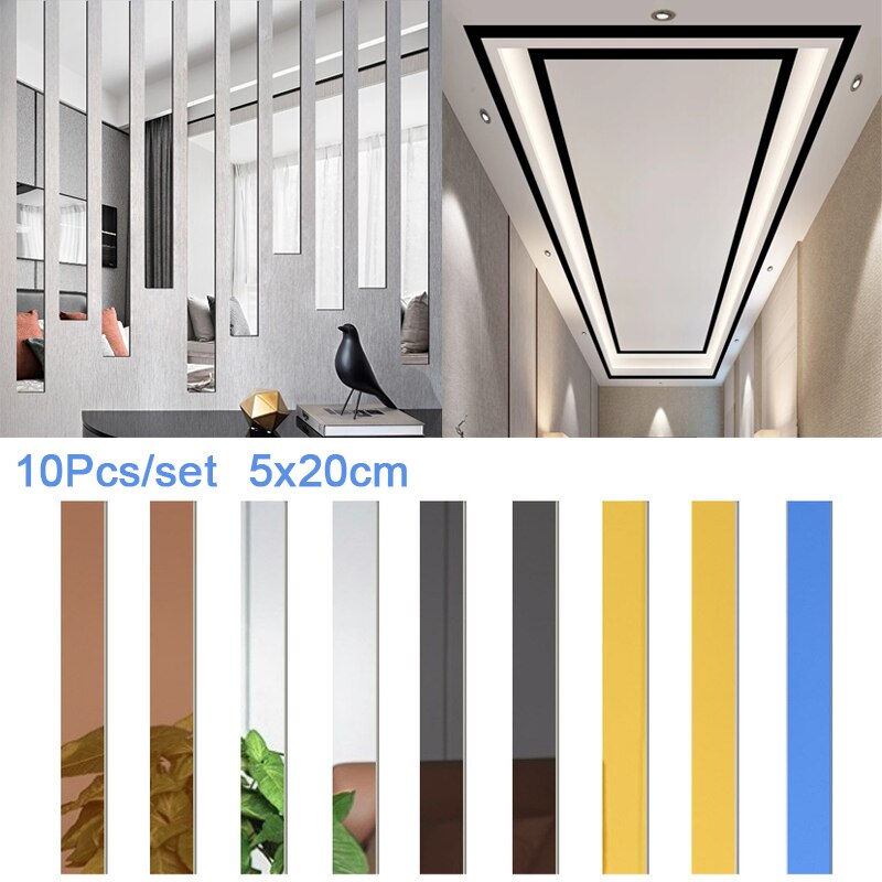 10pcs Long Rectangle Acrylic Mirror Wall Stickers Self Adhesive Removable Decals Living Room TV Back DIY Art Wall Decor