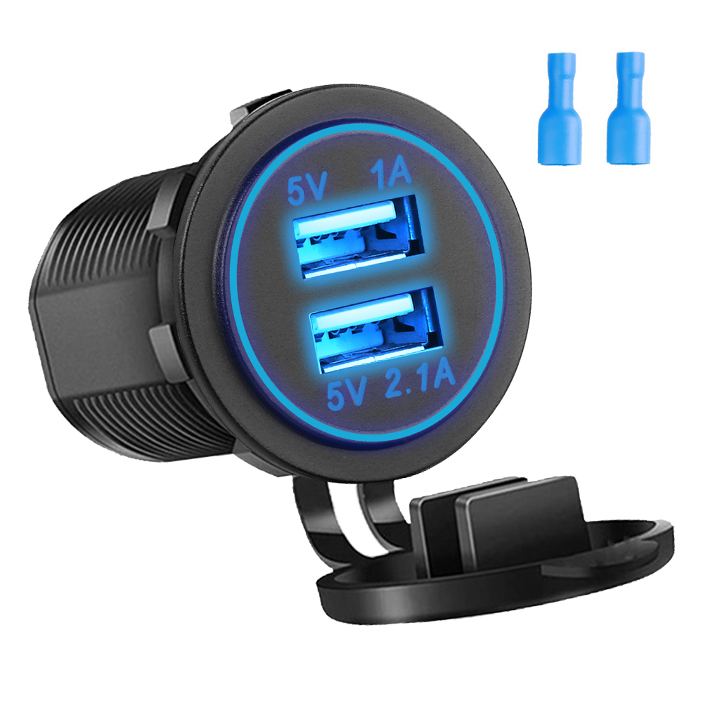 Schnellladung, Dual-USB-Anschlüsse, Autoladegerät, wasserdichte Schnellladebuchse, Steckdose mit LED-Licht für Motorrad-Autoladung: Blau
