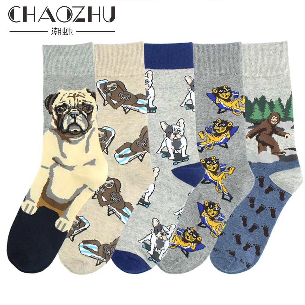 CHAOZHU autumn winter men socks cartoon dog Skateboard french bulldog shar pei casual funny long crew hip hop calcetines male