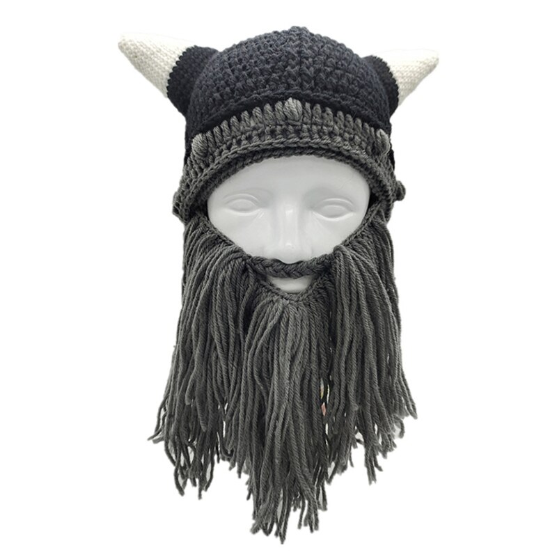 Funny Viking Beard Beanie Beard Hat Viking Horns Bearded Caps Parent-Child Knit Helmet Removable Thermal for Winter