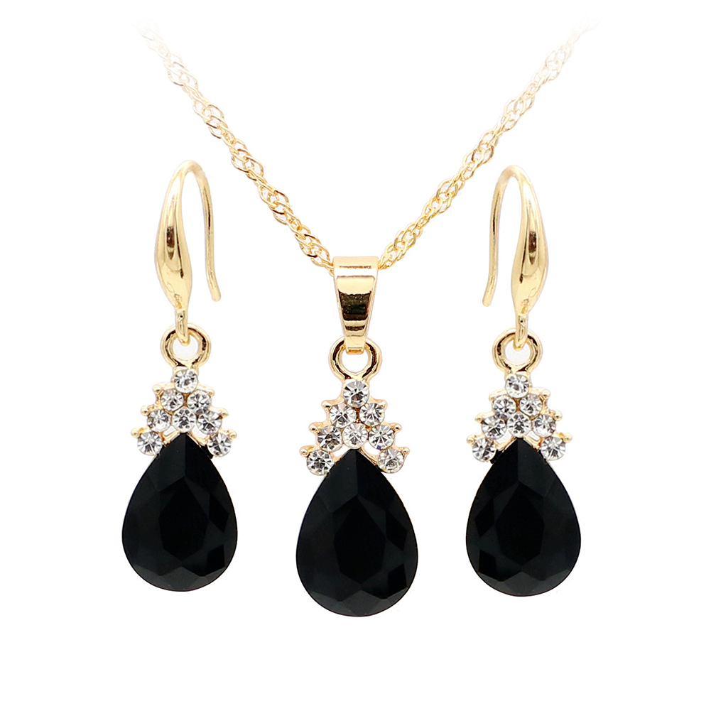 Vintage Teardrop Strass Frauen Schmuck Set Halskette Haken Ohrringe Anhänger: Black