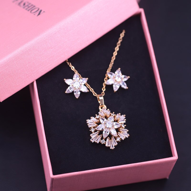 Luxury Snowflake Square Multi Color Zircon Gold Color Jewelry Set For Women Earrings Necklace Set In Store: white