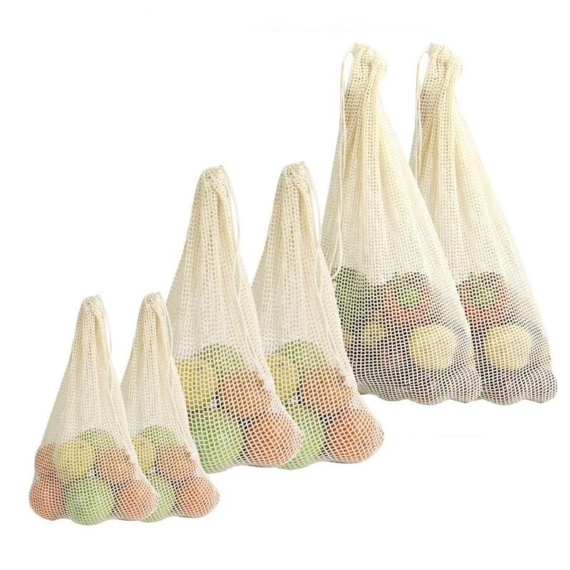 Reusable Cotton Mesh Vegetable Bags Produce Bag Kitchen Bag Drawstring With Fruit Vegetable Storage R1W6