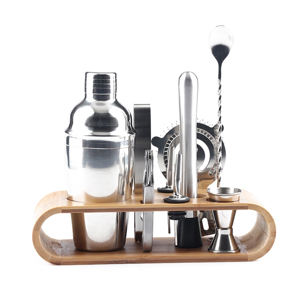 10PCS Cocktail Making Set Cocktail Shaker Set 750ml Stainless Steel Bar Tool Wine Bartender Kit With Wooden Display Stand