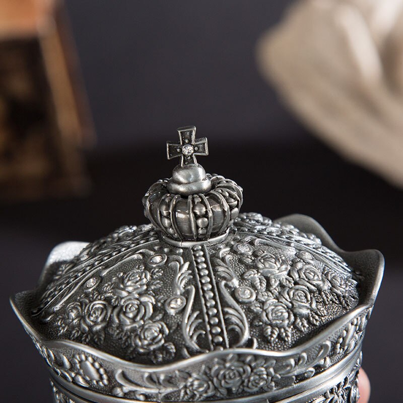 Krona vintage silver smycken låda cirkel prydnadslåda vigselring hållare metall förvaringslåda hem bord prydnad