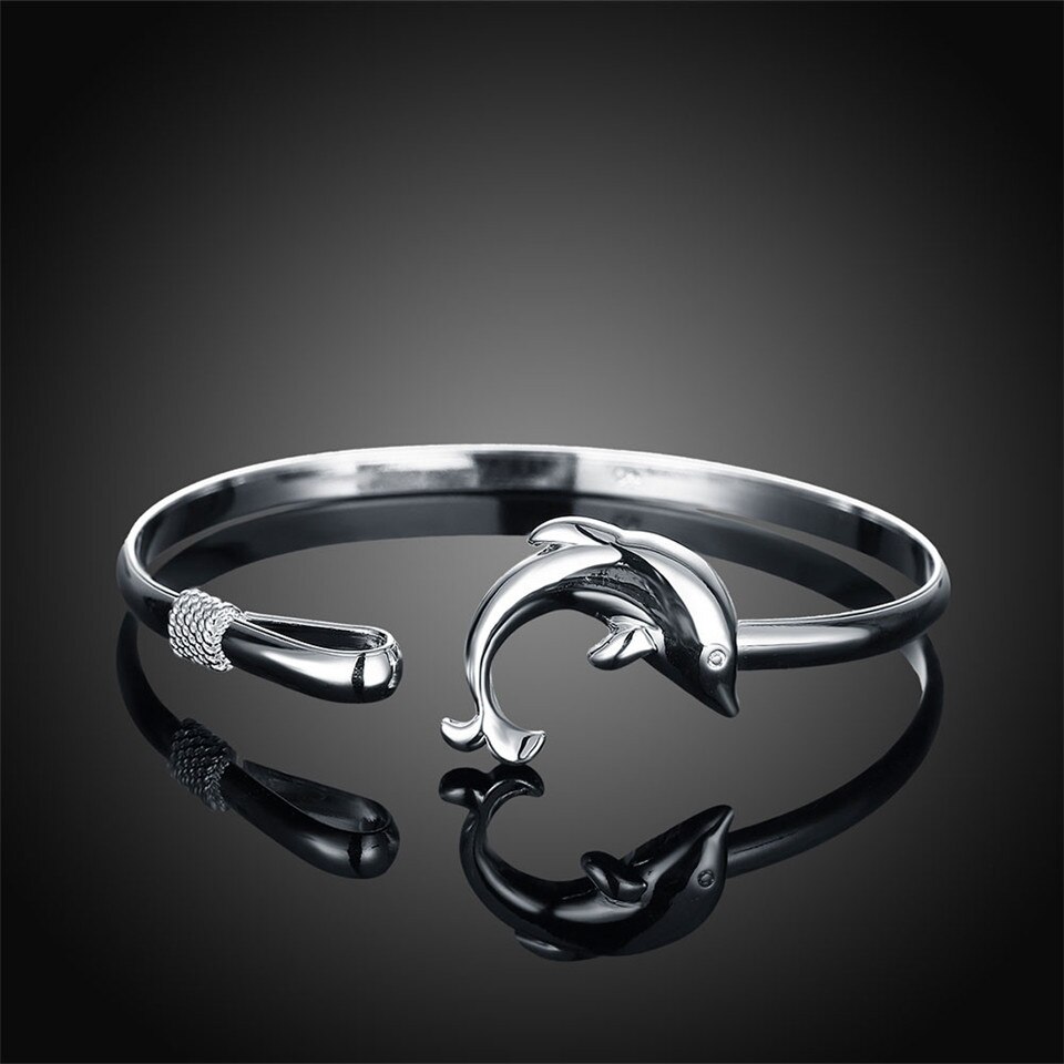 Bracelet ouvert en argent 925 avec dauphin pour femmes, bijoux de fête de mariage, ,