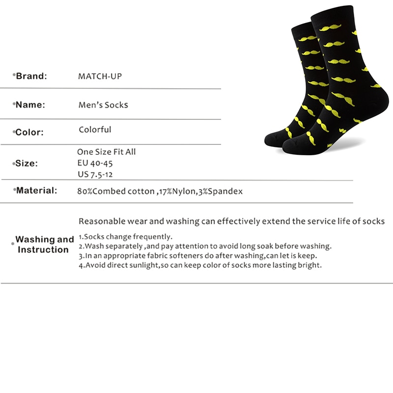 Chaussettes moustache en coton peigné pour hommes 9 styles taille américaine (7.5-12)