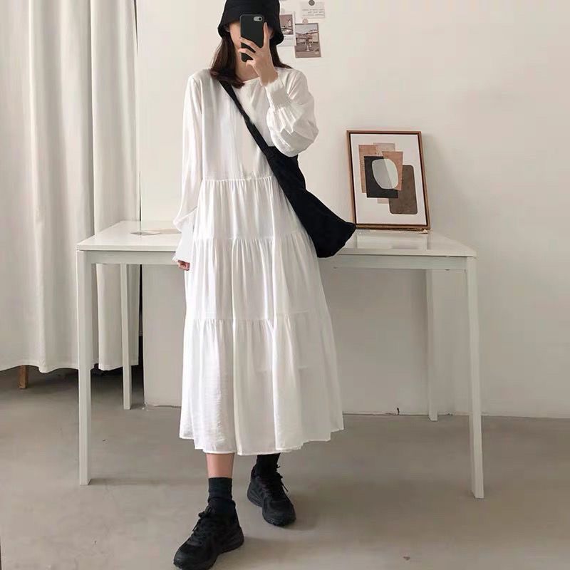 4xl langærmede kjoler kvinder løs koreansk temperament kvindelig dejlig midikjole o-hals forår afslappet ensfarvet vestidos de mujer: 4xl / Beige