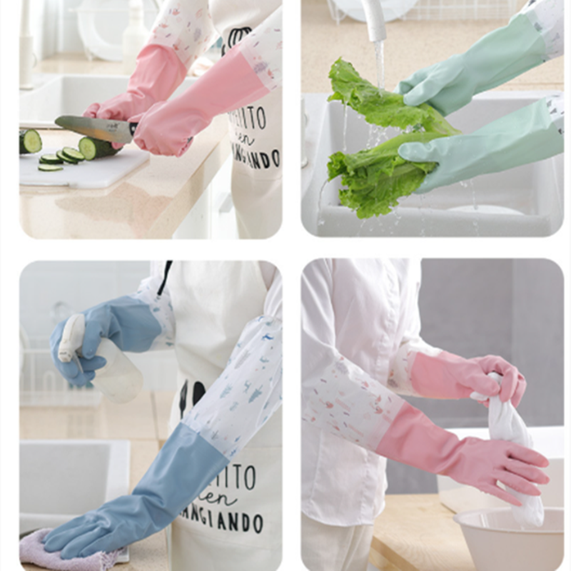 Guantes de goma para lavar platos, manoplas de látex impermeables para limpieza del hogar, con forro aterciopelado de algodón para Cocina