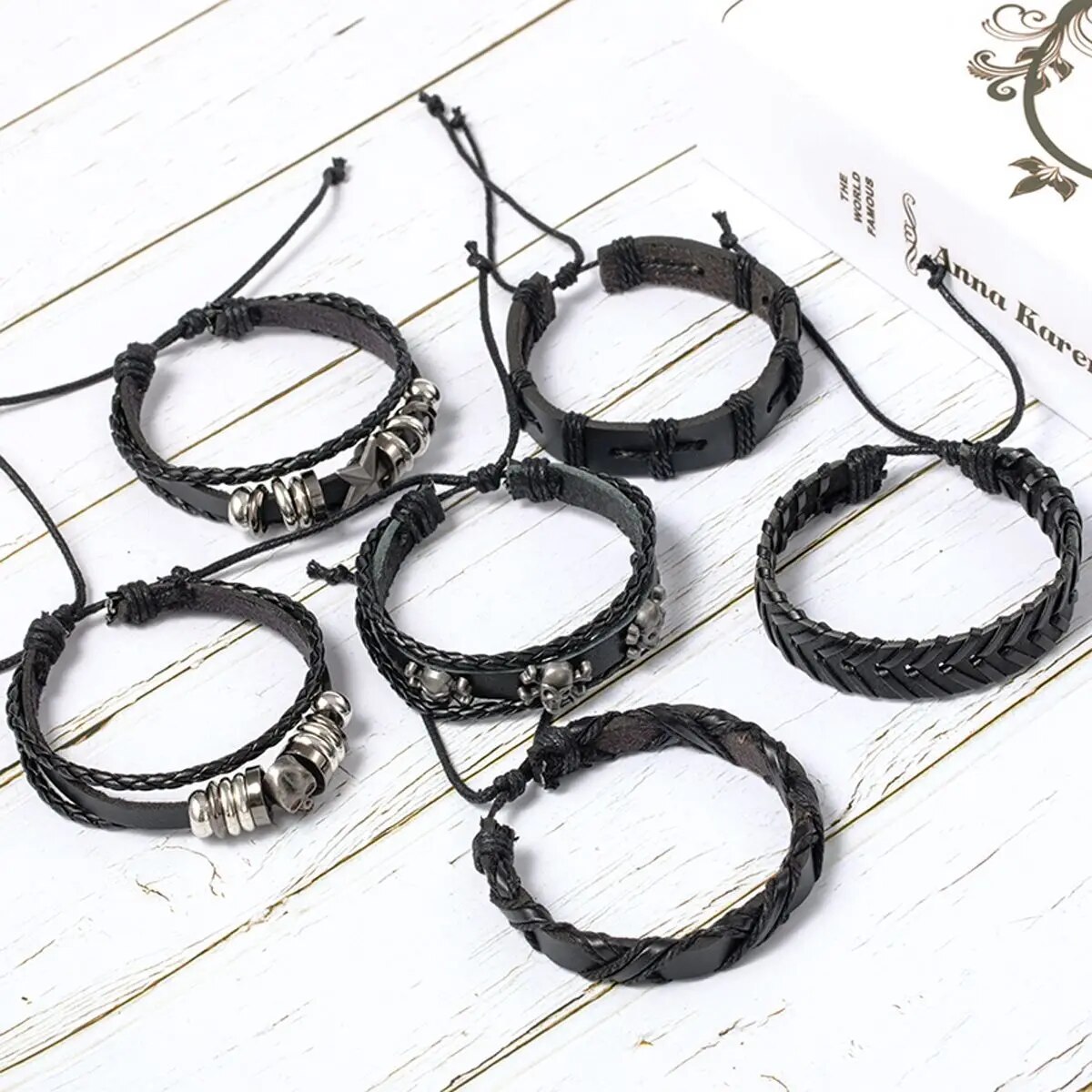 6 stks/set zwarte punk schedel & stervormige legering & pu lederen armband