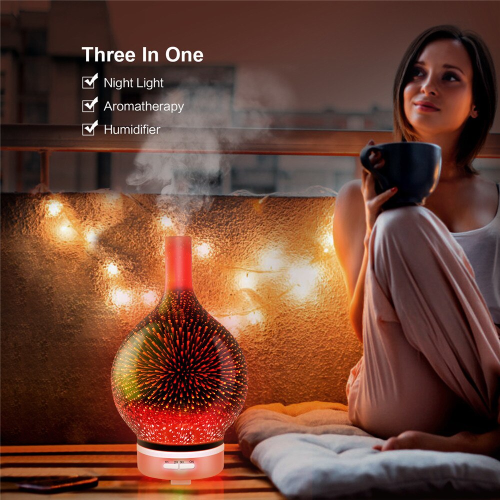 120ml 3d Feuerwerk Glas Elektrische Luftbefeuchter Ätherisches Aroma Öl Diffusor Ultraschall Aroma Diffusor Romantische Atmosphäbetreffend Licht