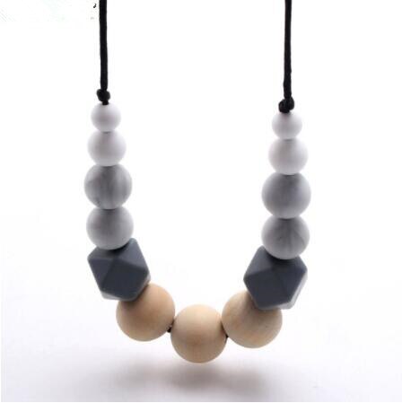 chewable silicone+original wood beads necklace baby teething teether holder toy diy teething necklace for mom no BPA: n