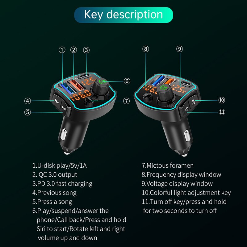 Receptor con Bluetooth para coche, transmisor FM manos libres, reproductor de música mp3, modulador, USB Dual, QC3.0, PD18W, carga rápida, disco en U, novedad de 5,0