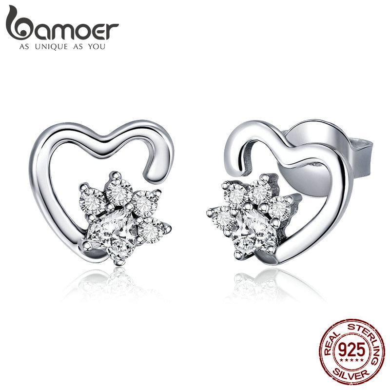 BAMOER 925 Sterling Silver Classic Heart Clear Cubic Zircon Stud Earrings for Women Sterling Silver Jewelry SCE415