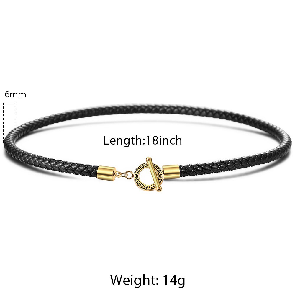 6mm Black Man-made Leather Necklace for Men Women Choker Gold Silver Color Stainless Steel Unique Toggle Clasp 18inch LTNL002: Gold Clasp TNL00202