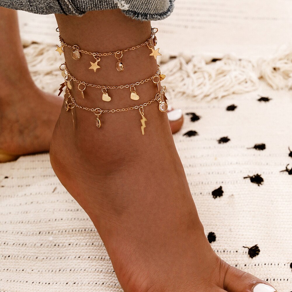 Modyle Bohemian Crystal Anklets for Women Boho Gold Heart Star Anklet Multilayer Foot Bracelet on Leg Beach Anklet Jewelry