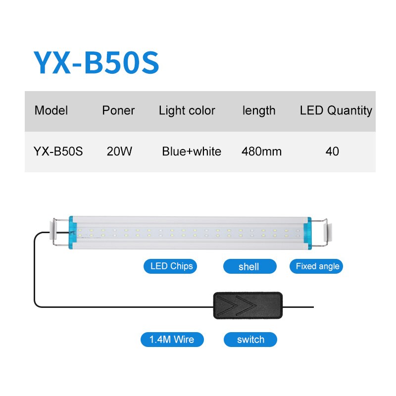 18-58cm super slanke akvarium-ledede belysning med udvidelige beslag med høj lysstyrke hvide og blå lysdioder passer til akvarium: Yx -b50s