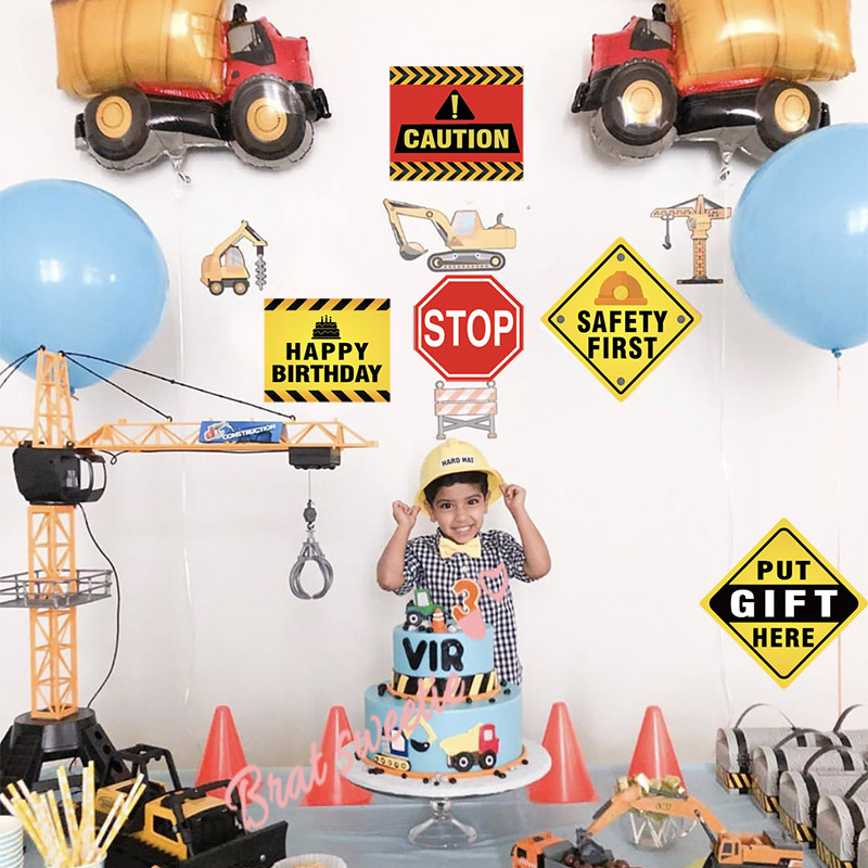 12 unids/set construcción papel de señal señales de tráfico tonto camión chicos tema adornos de feliz cumpleaños niños suministros