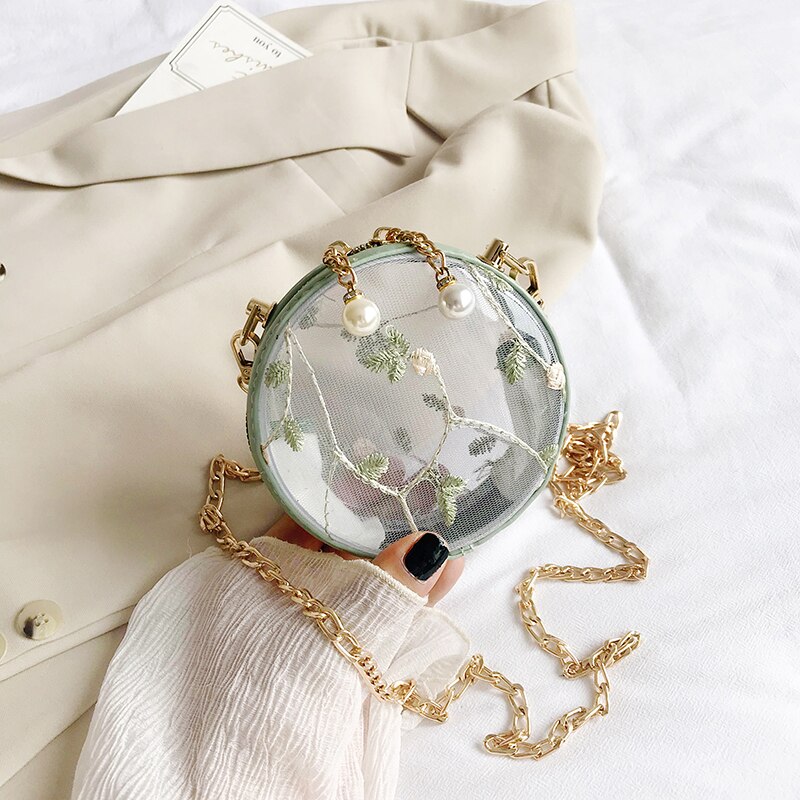 Transparente Runde Umhängetasche - Floral PVC - Perlen & Ketten Deko - Einzelner Riem - Lady Stil: 12 cm Grün