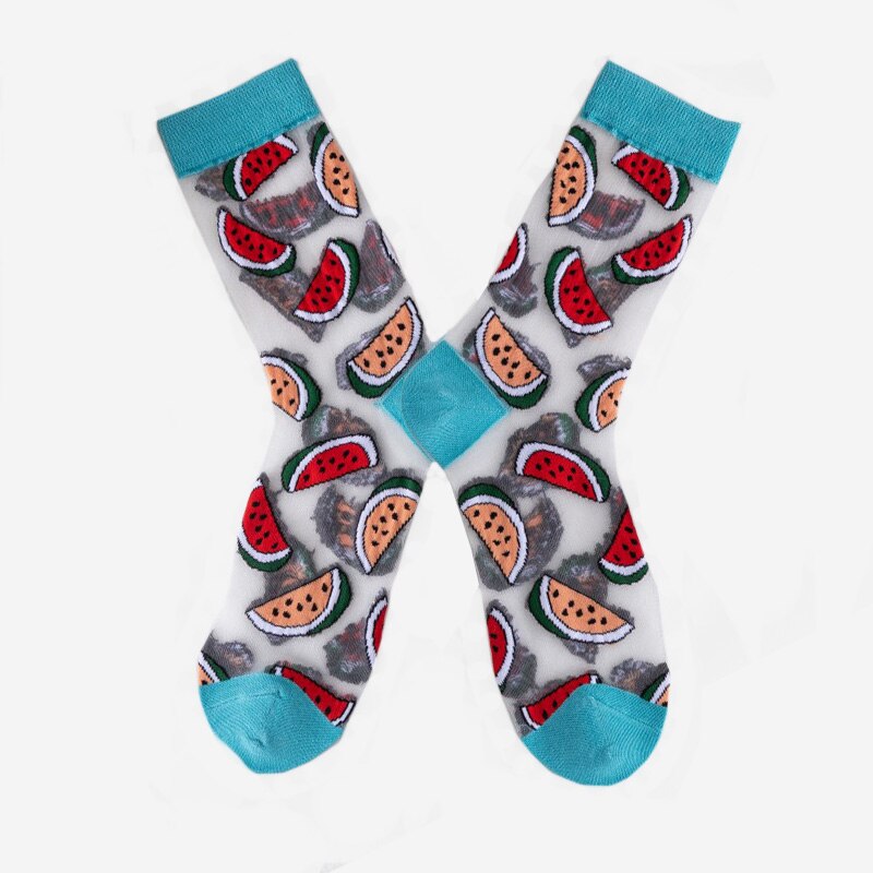Japanese Korea Style Casual Transparent Crystal Silk Trend Women Socks Cartoon Fruit Ultrathin Glass Silk Socks Meias: Gold