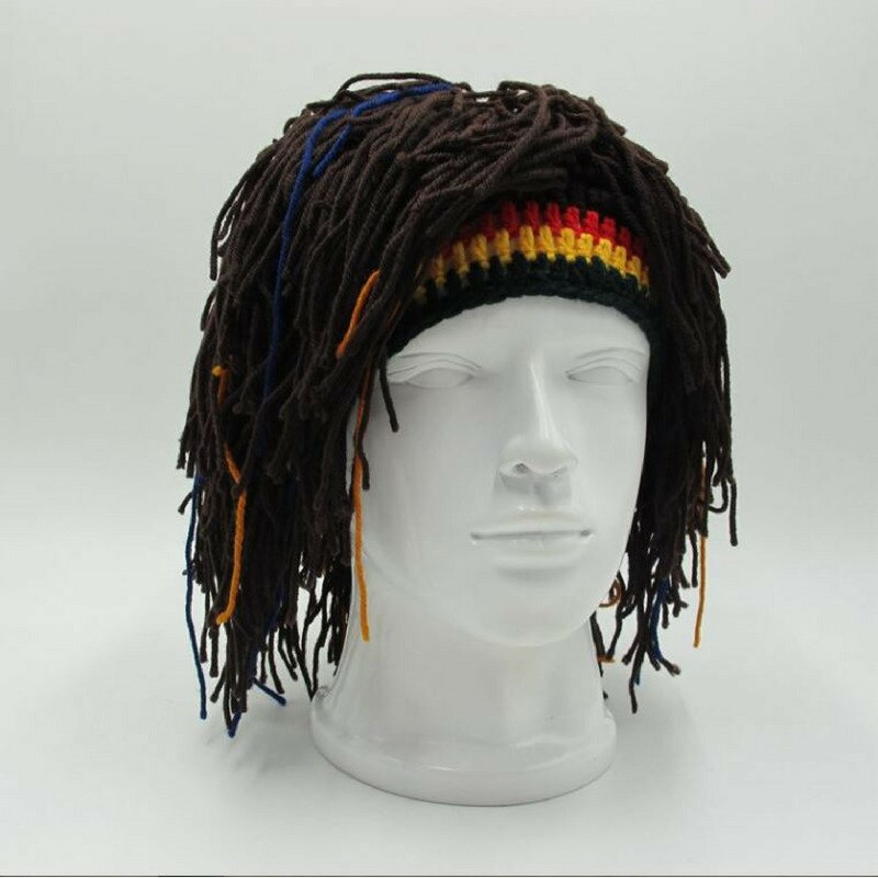 Peluca barba Gorro Rasta Bandana hecho a mano Gorro de ganchillo de invierno para hombre disfraz de Halloween divertidos de cumpleaños