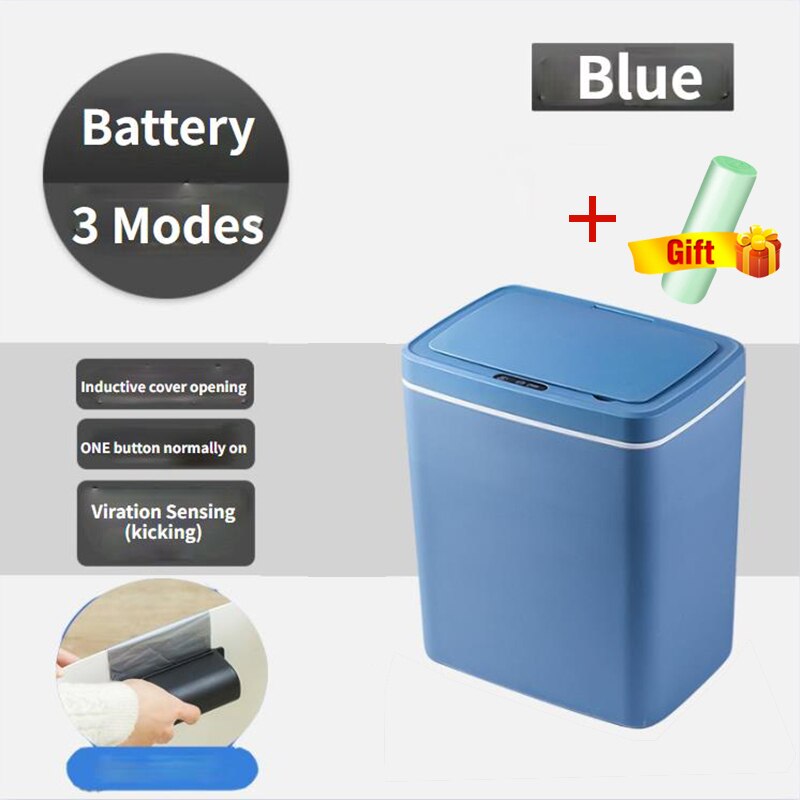 Smart Induction Trash Can Automatic Intelligent Sensor Dustbin Electric Touch Trash Bin for Kitchen Bedroom Office Garbage: Battery blue / 14L