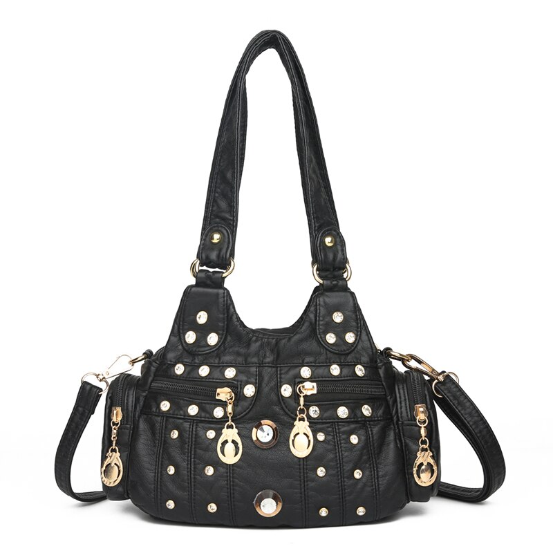 Luxus Weichem Leder Tote Handtaschen für Frauen Retro Umhängetasche Diamant Schulter Tasche Dame Multi-Tasche Crossbody Hobos tasche: black