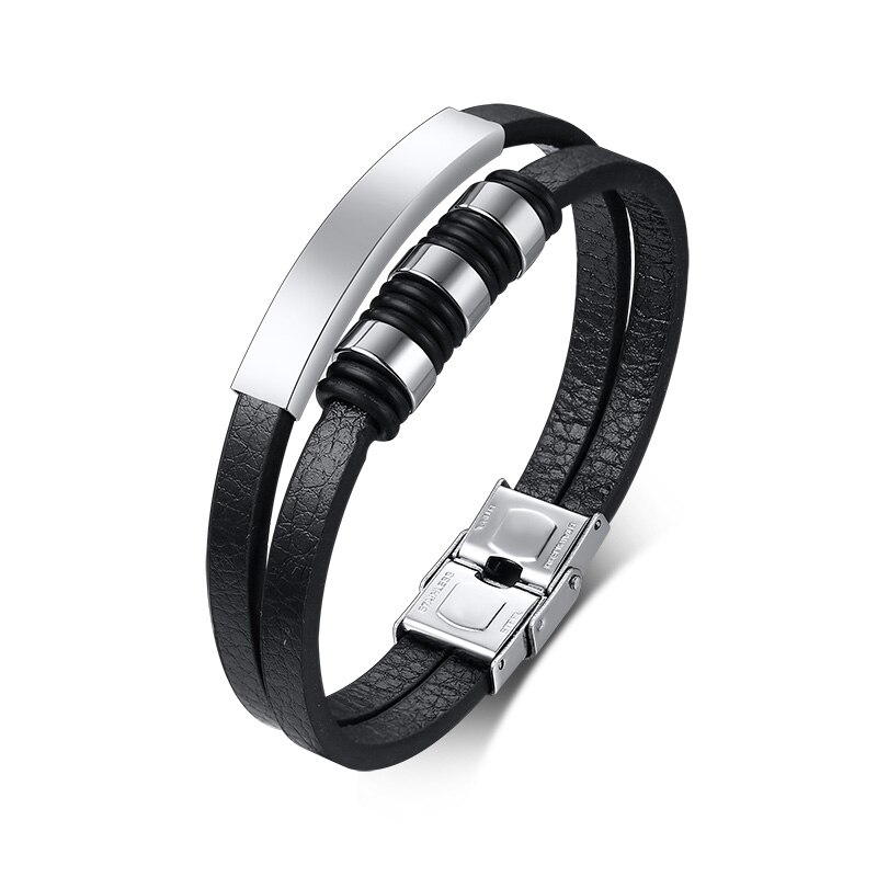 Mannen Lederen Armbanden Met Zwarte Kralen Charm Bangle Gelaagde Polsband Streetstyle Toevallige Mannelijke Sieraden: Silver / No Custom