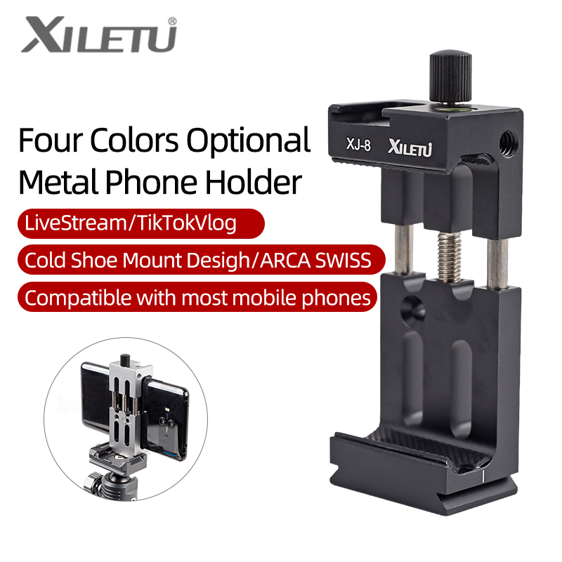 Xiletu XJ-8 Statiefkop Beugel Mobiele Telefoon Houder Clip Voor Telefoon Zaklamp Microfoon Met Waterpas En Koude Schoen Mount