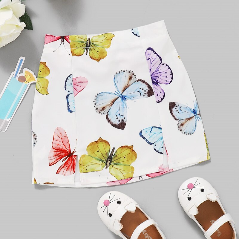 Girls Elastic Waist Skirt Kids White Butterfly Printed Pattern Short One-piece for Summer/ Spring/ Autumn 18 Months-6 Years