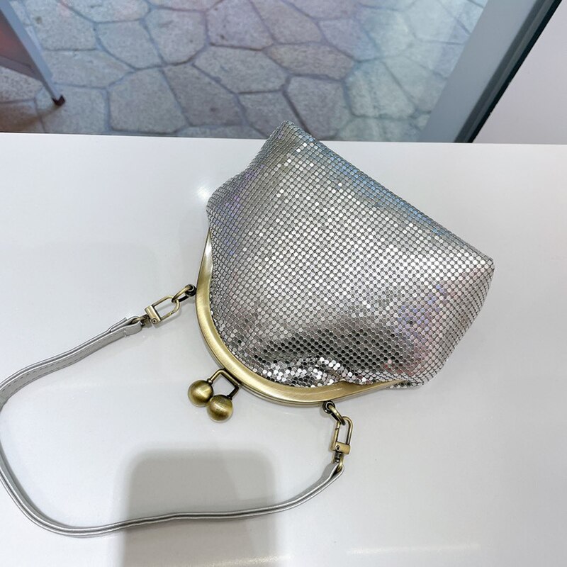 [BXX] Vintage Aluminum Sequins Bags Women Branded Chain Shoulder Hand Bag Lady Trend Handbags and Purses CB122