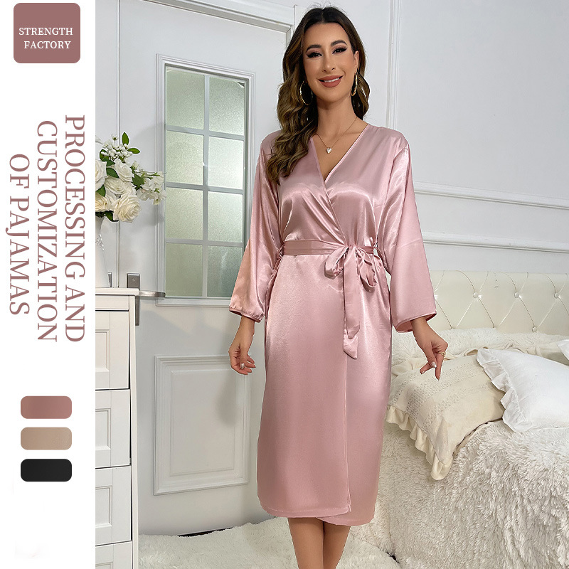 Ensfarvet kimono dame badekåbe satin hjemmetøj bryllup brude nattøj sexet intimt lingeri