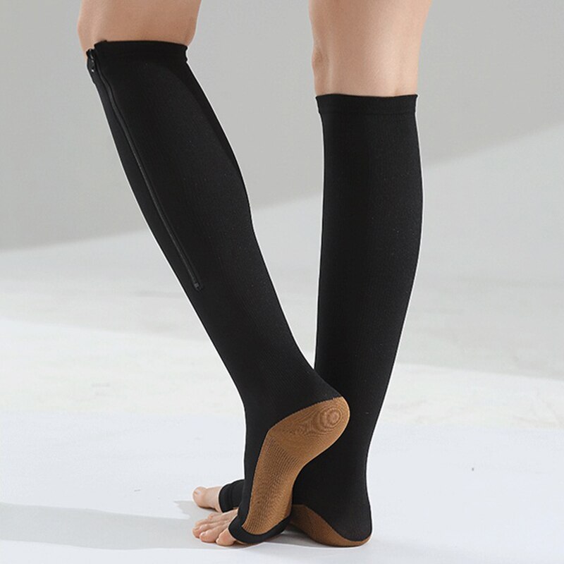 Chaussettes de Compression pour hommes et femmes, chaussettes de soutien du genou, fermeture éclair, bout ouvert, fines, Anti-Fatigue, chaussettes hautes, extensibles, unisexes,