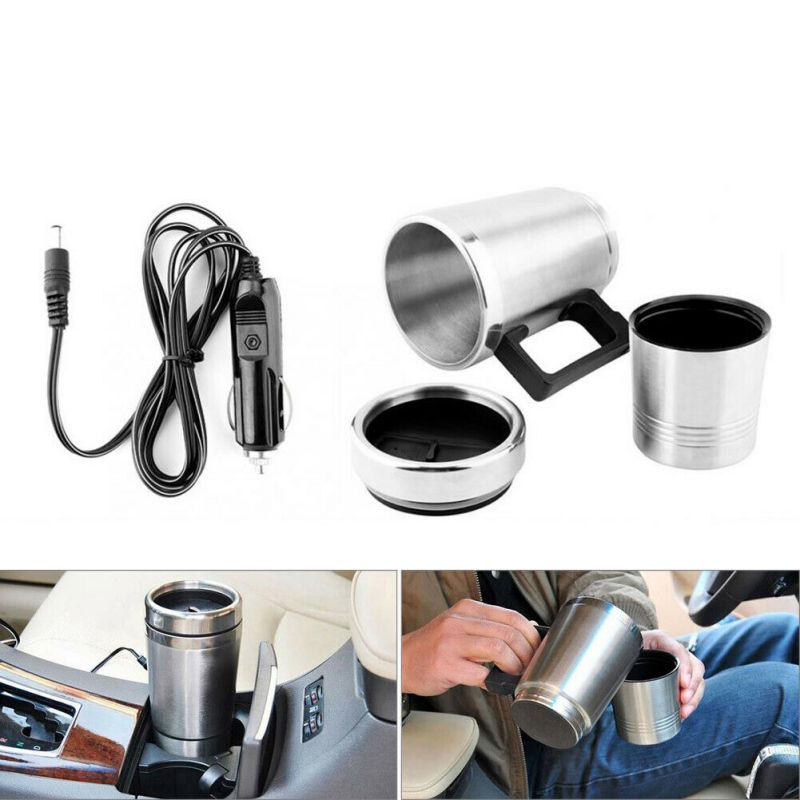 Universal 450ml elektrisk i bilen rustfrit stål rejseopvarmning kop kaffe te bil kop krus til de fleste bil kopholdere 12/24v