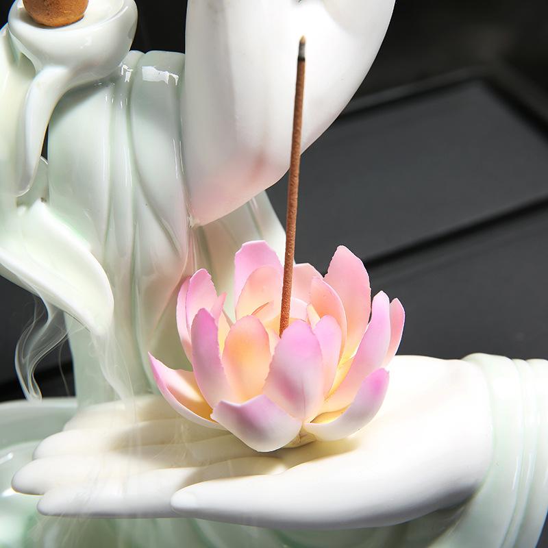 Buda de cerámica blanco quemador de incienso de mano cascada de humo soporte de incienso flor de loto palo incensario decoración budista