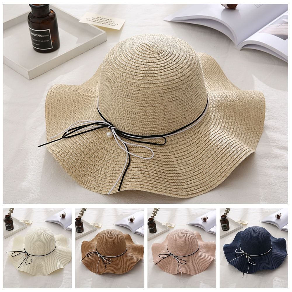 Trendy French Style Pearls Strap Straw Hat Wide Brim Beach Folding Straw Hats Spring Summer Travel Women's Sun Hat Girls