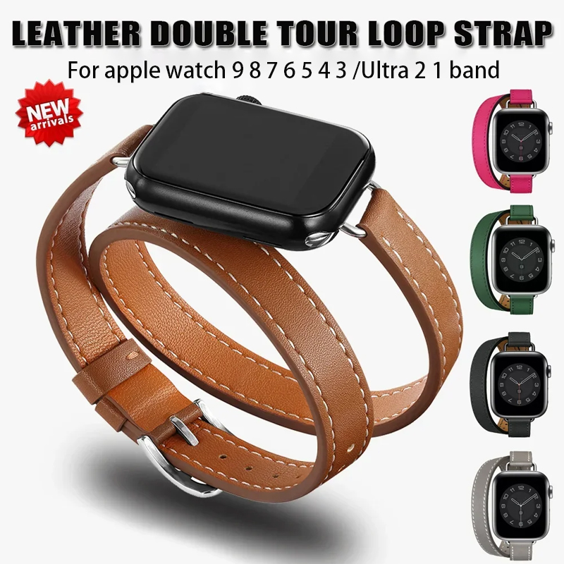 Läderarmband för apple watch-band ultra 2 49mm 40mm 41mm double tour 45mm 42mm 44mm för iwatch-serien 9 8 7 6 se 5 4 3 26 38mm