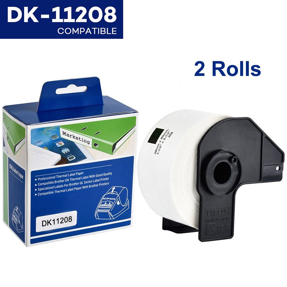 2 rollos de papel térmico Compatible con impresora de etiquetas Brother, DK-22205 continuo, troquelado, etiquetas de dirección estándar para QL570, DK-11204: 2Rolls DK-11208