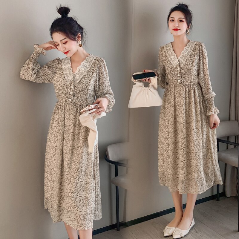 Herbst Schwangere Still Kleid mit Invisible Zip Fly Spitze V-ausschnitt Mutterschaft Chiffon Pflege Kleid Stillen