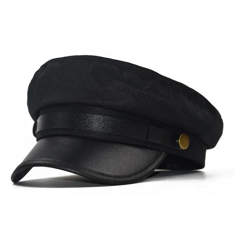 Chapeau en cuir PU automne chapeaux de marin pour hommes femmes Style britannique chapeau de voyage étudiant chapeau capitaine chapeau plat casquettes femmes chapeau: Black