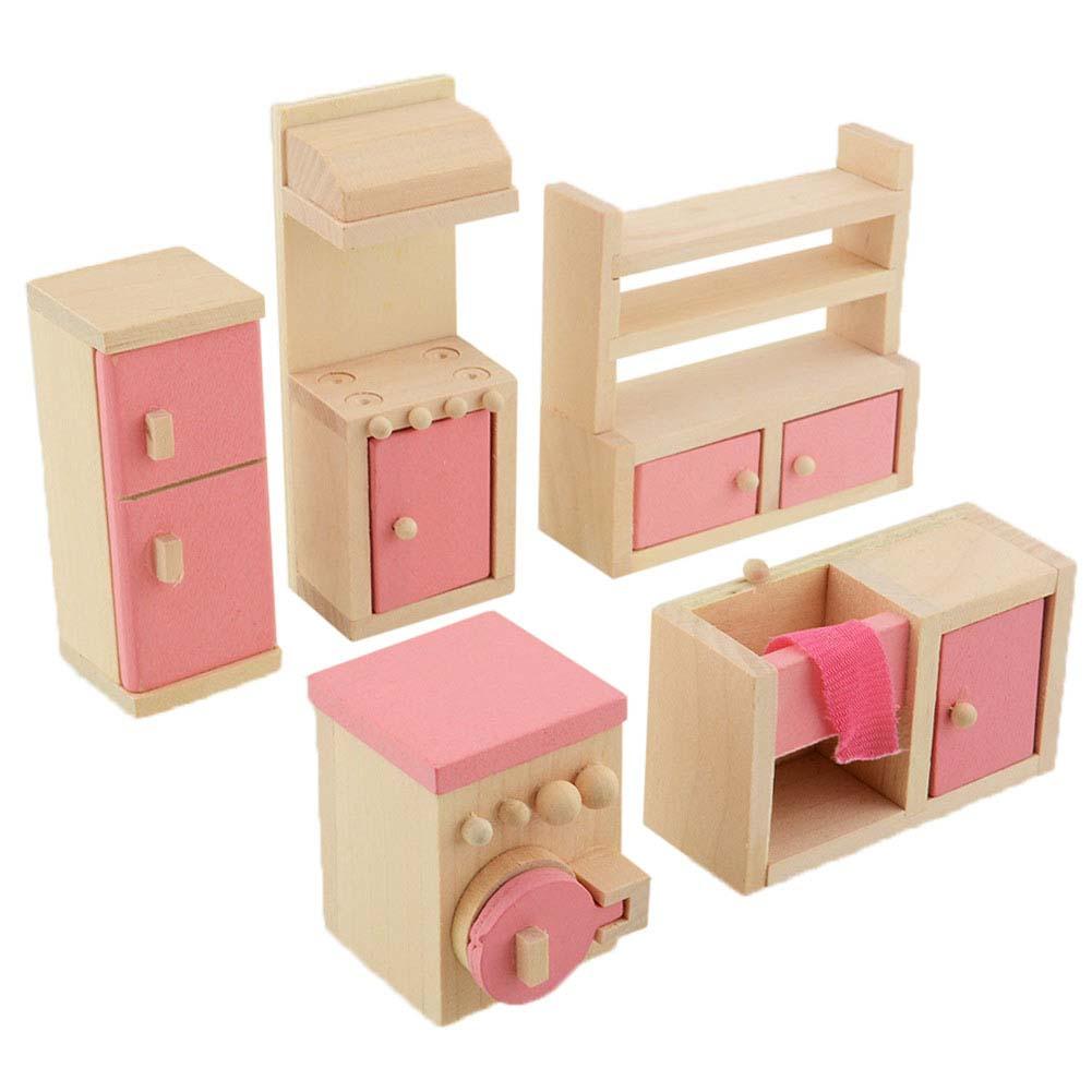 Dollhouse Furniture Double Bed with Pillows and Blanket Wooden Doll Bathroom Furniture Dollhouse Miniature Kids Child Play Toy: kitchen set