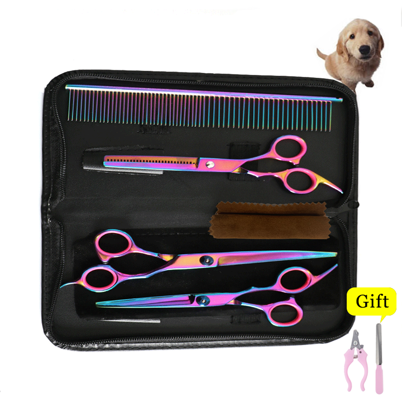 Pet scissors Straight &Thinning & Curved scissors 3pcs set +comb for dog grooming dogs shears hair cutter 7.0 inch: coloful-x4