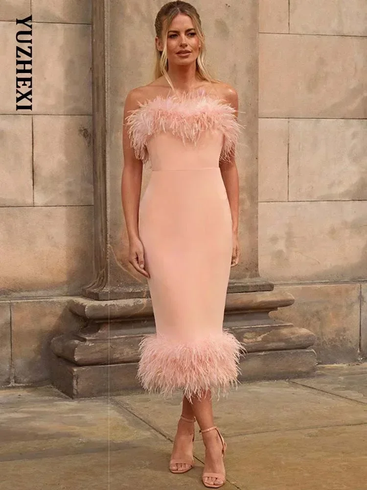 Bangniweigou Party Hairy Tube Dress Off Shoulder Split Midi Prom Robe Women Birthday Pink White Black Evening Attire: S / Pink