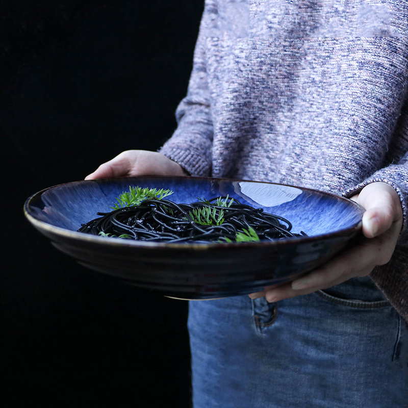 1000ml Deep blue ceramic dinner food plate 9inch cold noodle big deep plate