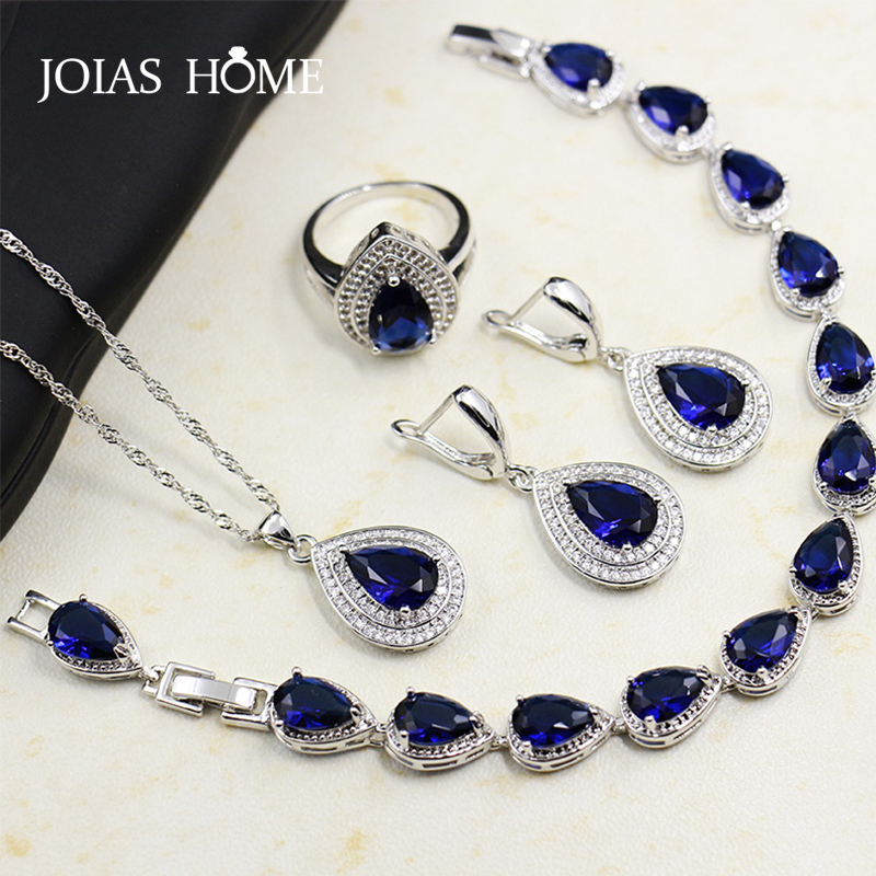 JoiasHome 925 Sterling Silber Schmuck Set Blue Sapphire Edelsteine Herz Geformt Tropfen Braut Zubehör 4 teile/los