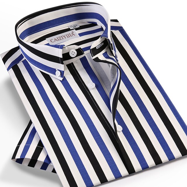 Mannen Mode Multi-color Gestreepte Korte Mouwen Zak-Minder Button-Down Standaard-Fit zomer Stijl Casual Tops Shirt: CZLX5026D / 42