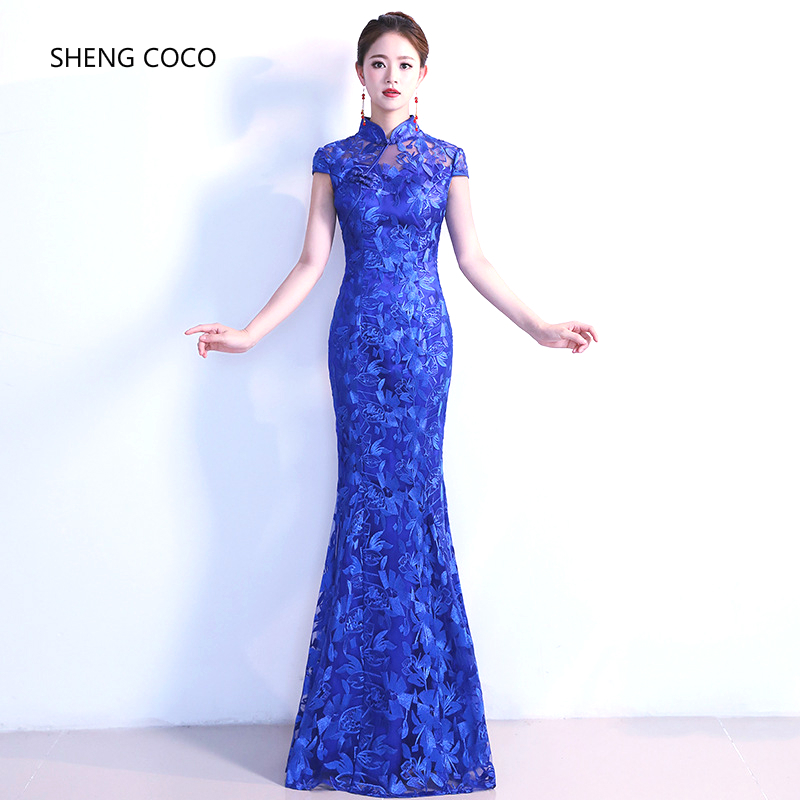 Abendkleid China Cheongsam Spitze Chinesische Kleider Traditionellen Lange Kleider Für Hochzeit Party Blau retro Frauen