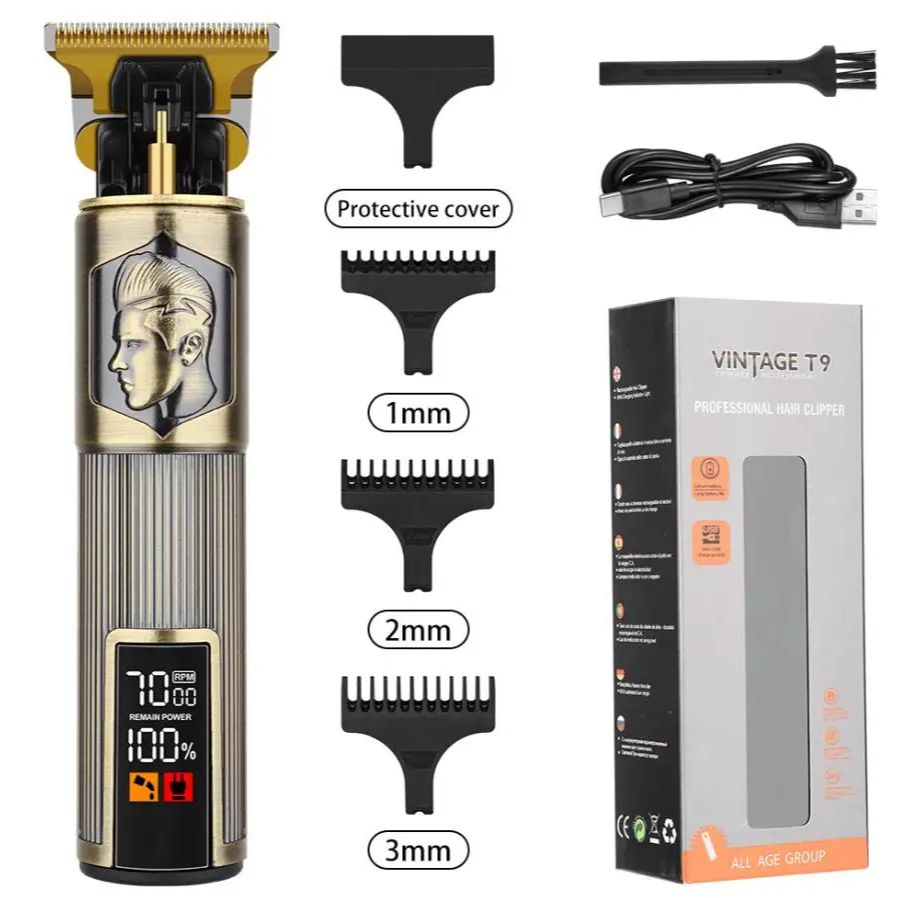 Cortadora de pelo Vintage T9 para barbería, Máquina para cortar cabello, cortadora eléctrica, cortadora de pelo led, afeitadora de barba tallada de dragón: Plata
