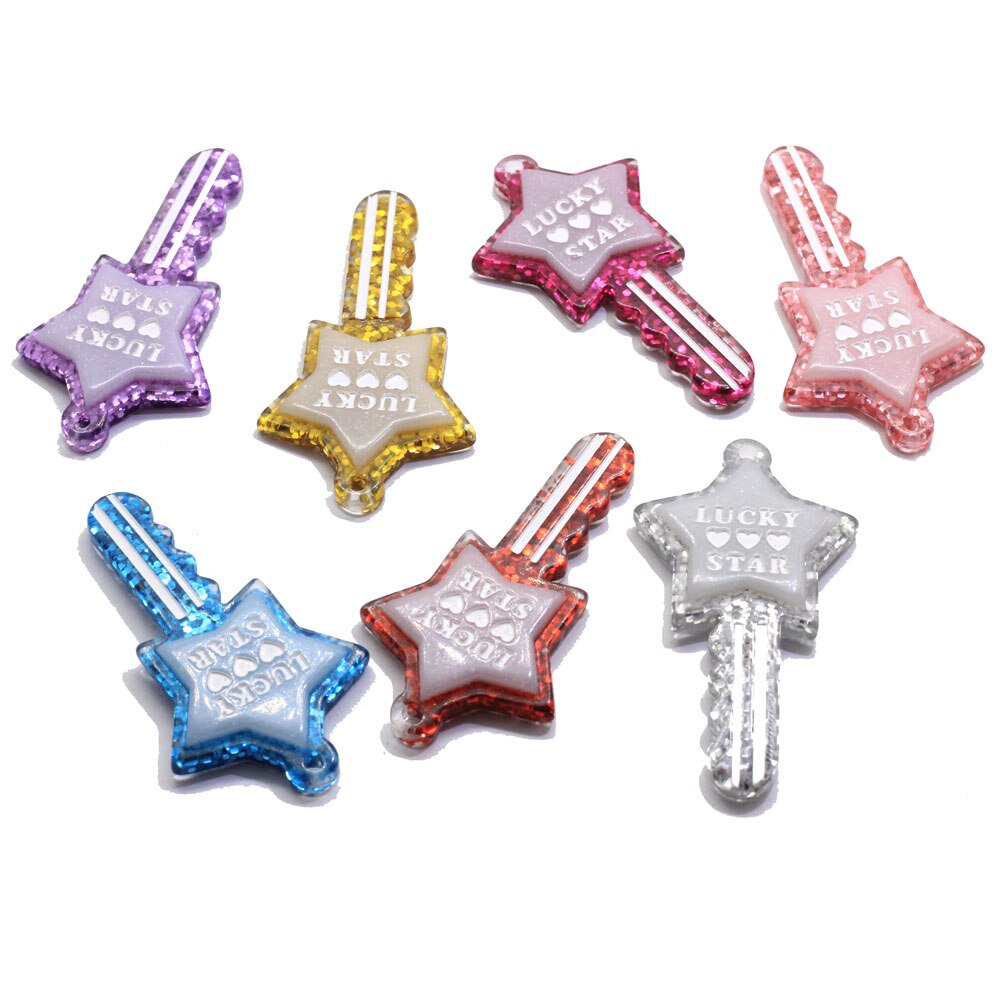 Cuentas de resina en forma de llave para llaveros de joyería, abalorios colgantes para funda de teléfono, Estrella Brillante, , 20/50 unidades